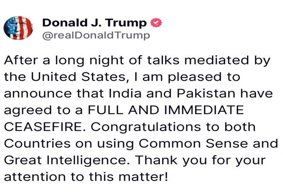 پاکستان اور بھارت مکمل اور فوری سیز فائر پر تیار ہو گئے، امریکی صدر 1 Trump 1